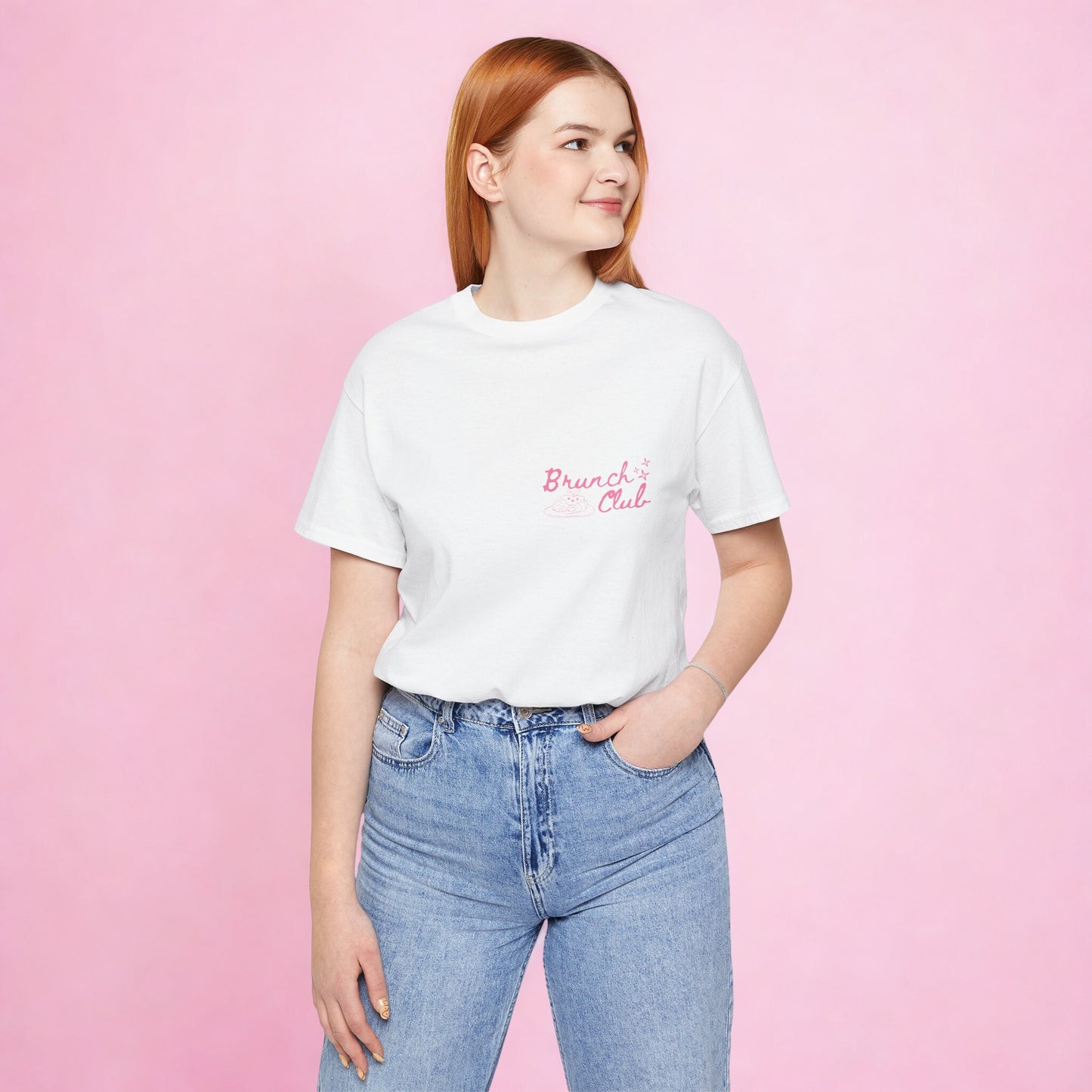 Brunch Club T-shirt - Breakfast Graphic Tee in Pink and White