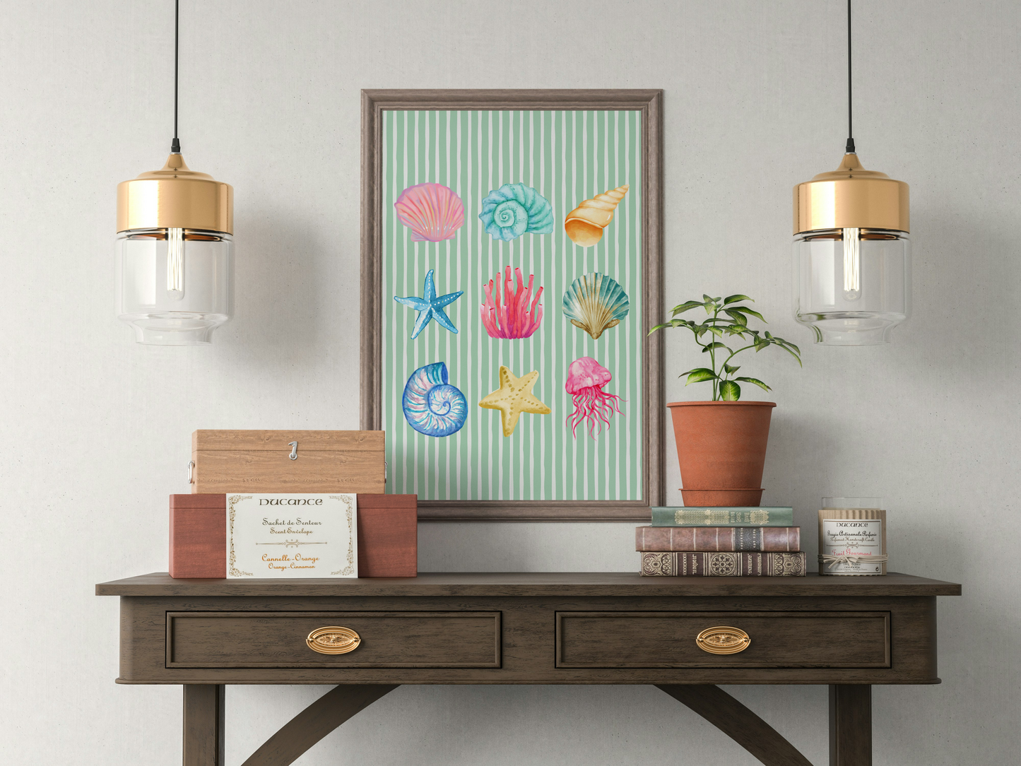 Pastel Watercolour Seashell & Coral Art Print in Green