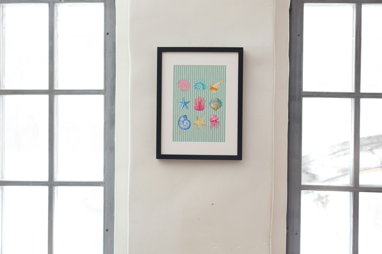 Pastel Watercolour Seashell & Coral Art Print in Green