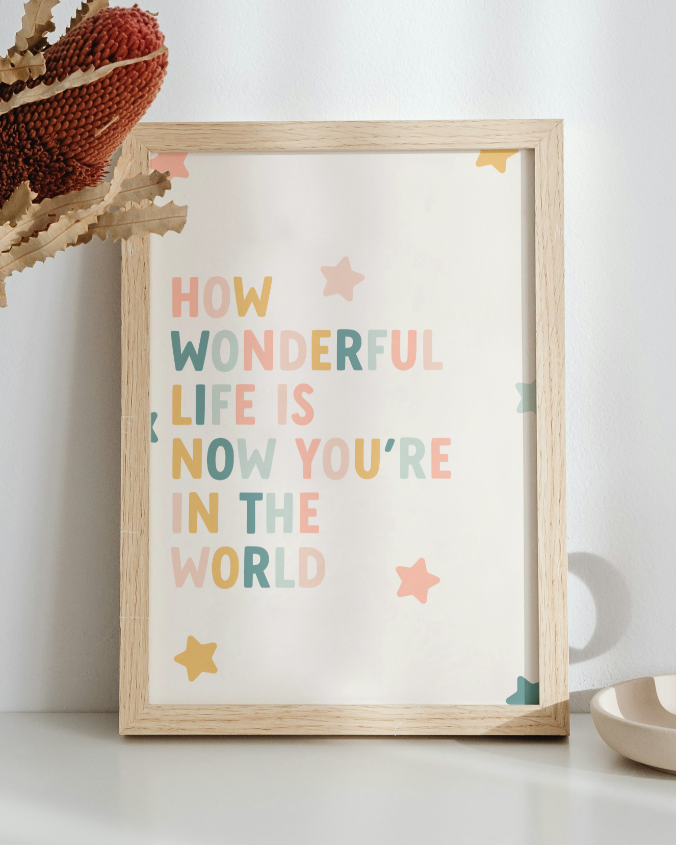 How Wonderful Life Is Now You're In The World Quote Print for Nurseries in Pastel Rainbow Tones