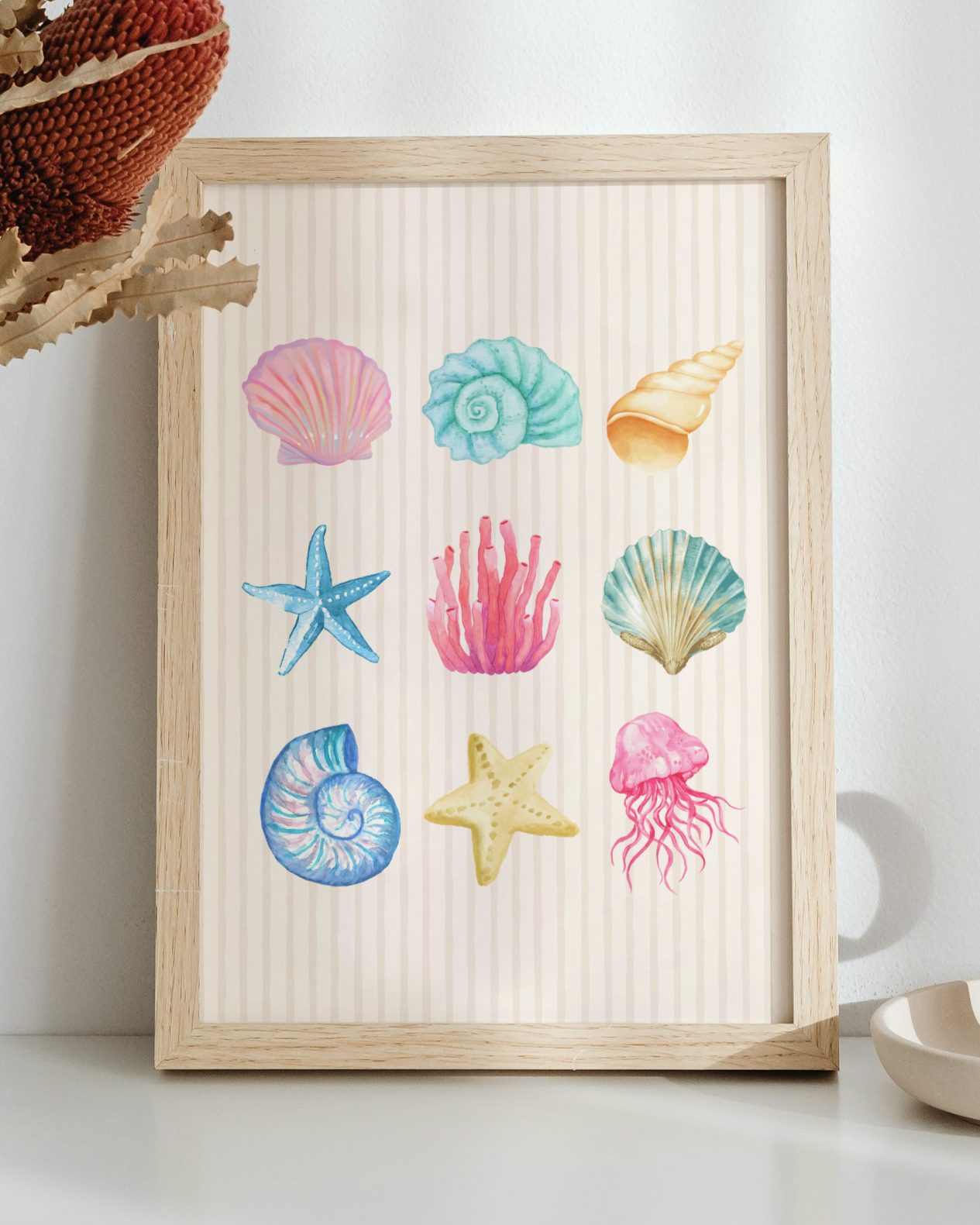 Pastel Watercolour Seashell & Coral Art Print in Beige