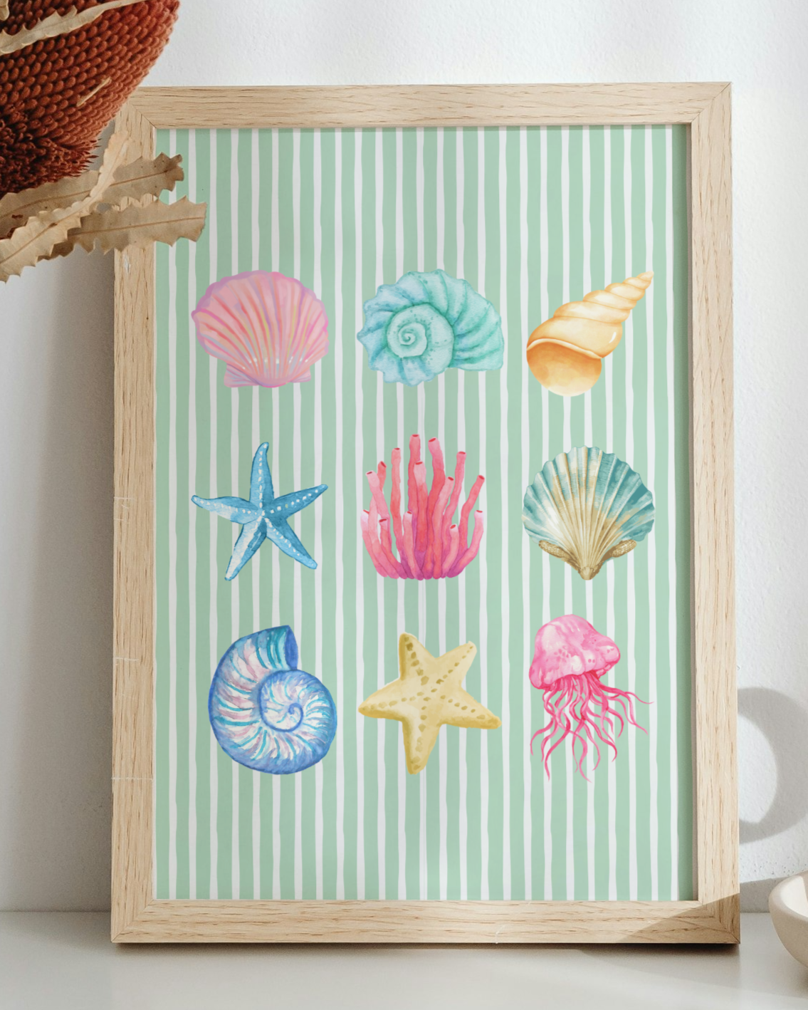 Pastel Watercolour Seashell & Coral Art Print in Green