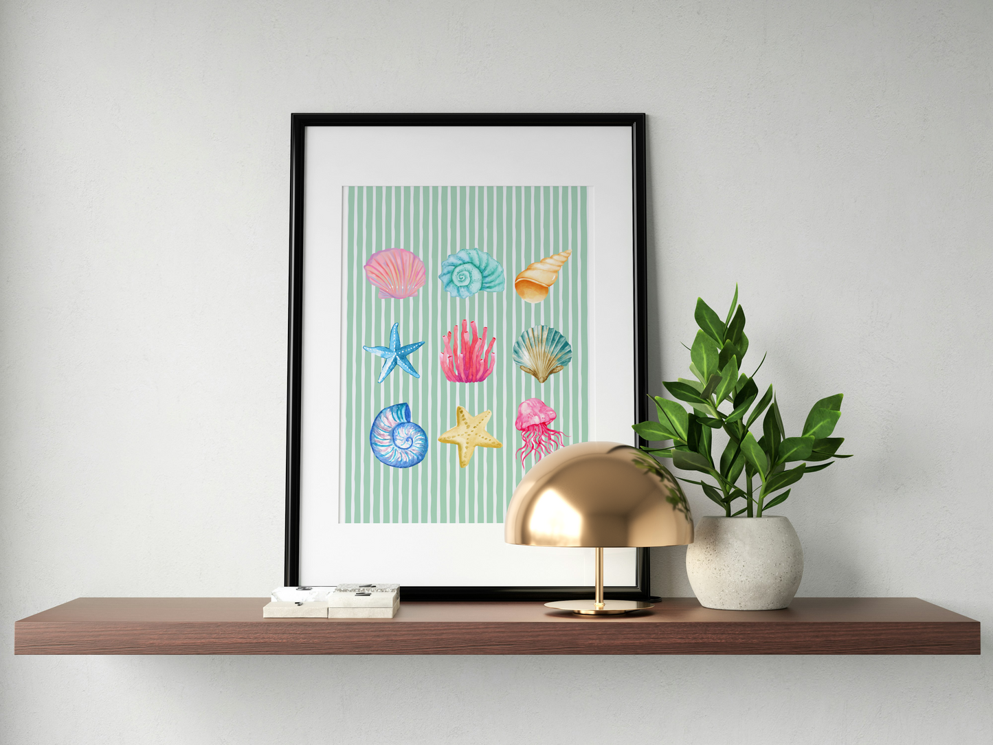 Pastel Watercolour Seashell & Coral Art Print in Green