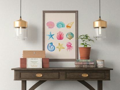 Pastel Watercolour Seashell & Coral Art Print in Beige
