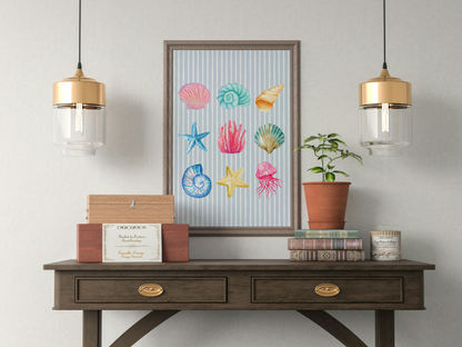 Pastel Watercolour Seashell & Coral Art Print in Blue