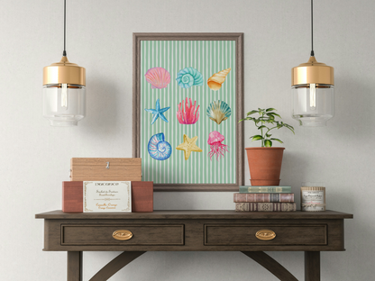 Pastel Watercolour Seashell & Coral Art Print in Green