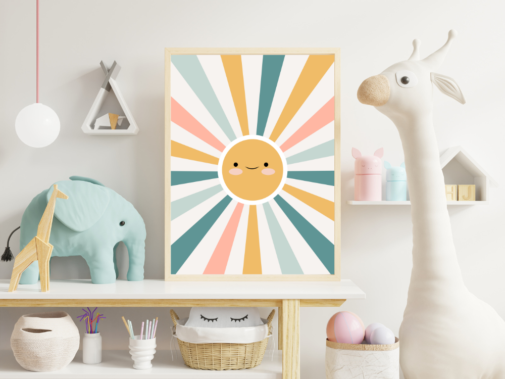 Boho Sun Nursery Print in Pastel Rainbow