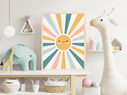 Boho Sun Nursery Print in Pastel Rainbow