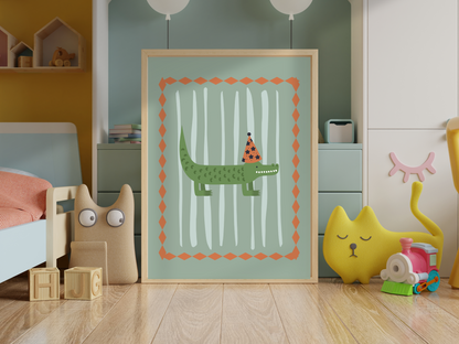 Crocodile Nursery Art Print in Blue and Green