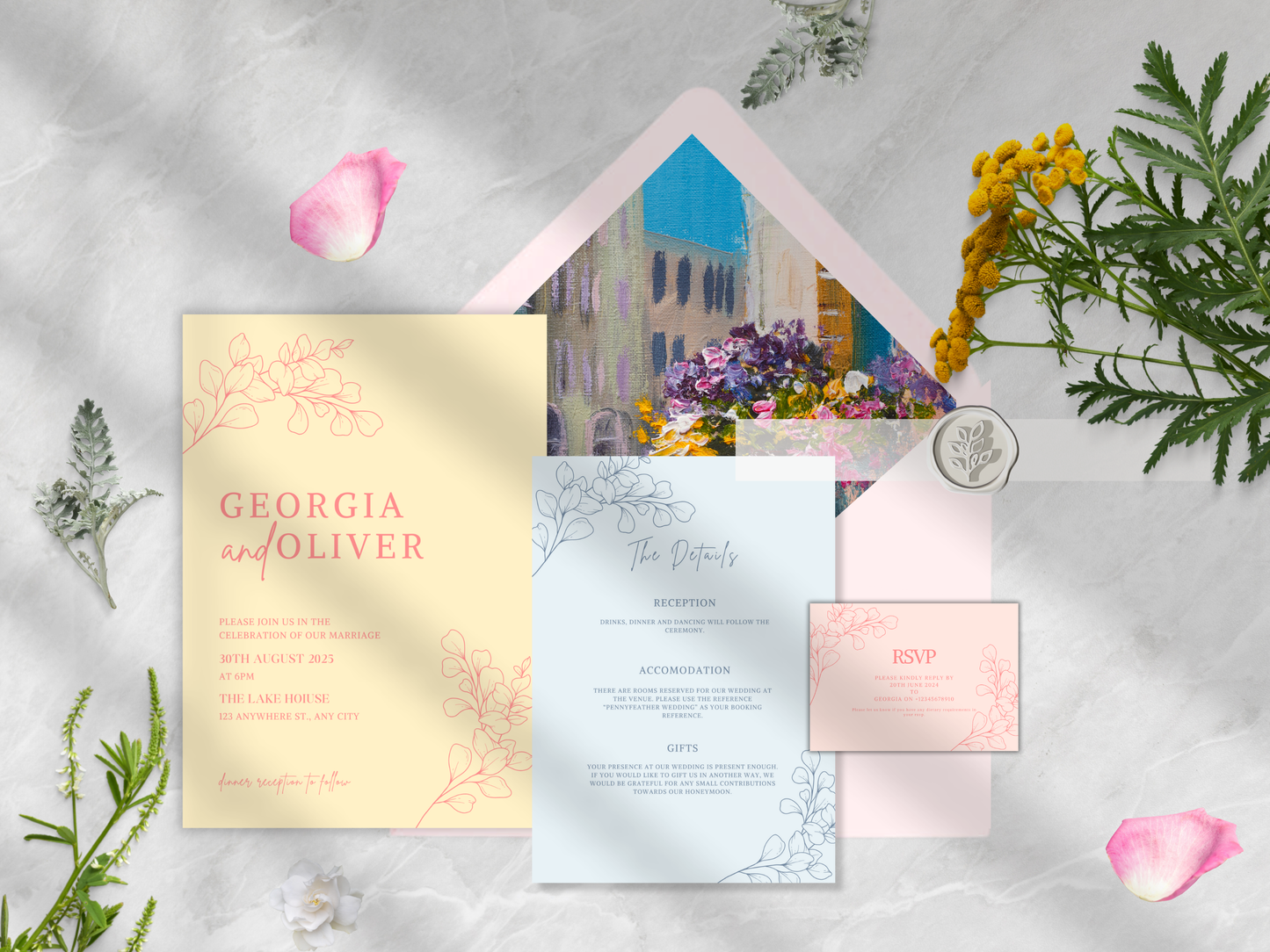 European Summer-Inspired Pastel Wedding Invitation Suite | Pastel Pink, Blue and Yellow design