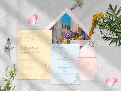 European Summer-Inspired Pastel Wedding Invitation Suite | Pastel Pink, Blue and Yellow design