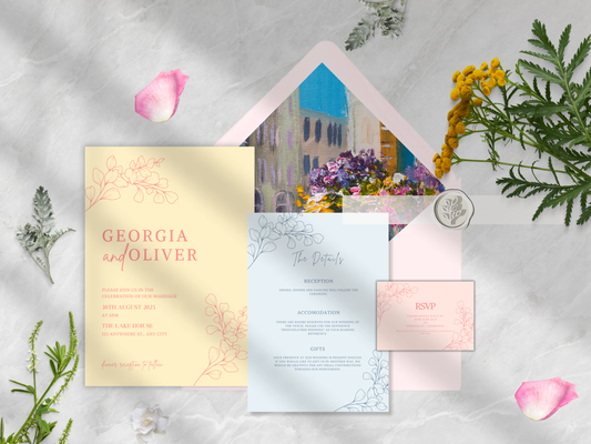 European Summer-Inspired Pastel Wedding Invitation Suite | Pastel Pink, Blue and Yellow design