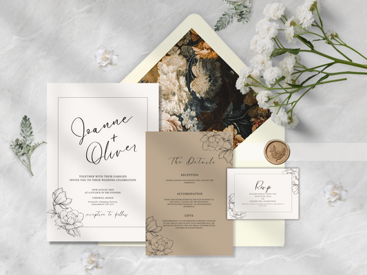 Neutral Beige Wedding Invitation Suite with Ivory Envelope | Modern Floral Design