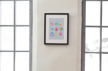Pastel Watercolour Seashell & Coral Art Print in Blue