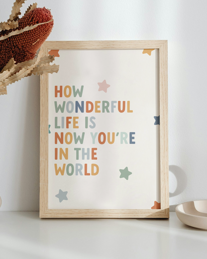 How Wonderful Life Is Now You're In The World Quote Print for Nurseries in Earth Tones