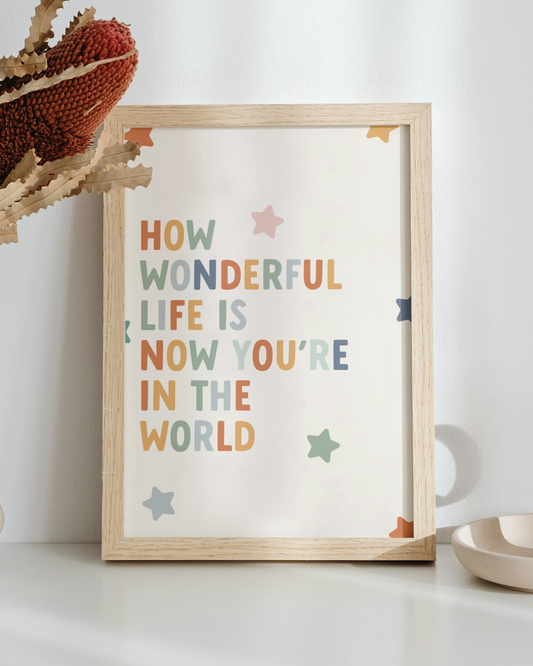 How Wonderful Life Is Now You're In The World Quote Print for Nurseries in Earth Tones