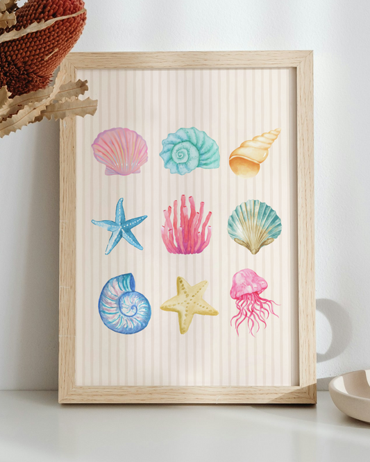 Pastel Watercolour Seashell & Coral Art Print in Beige