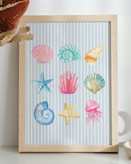 Pastel Watercolour Seashell & Coral Art Print in Blue