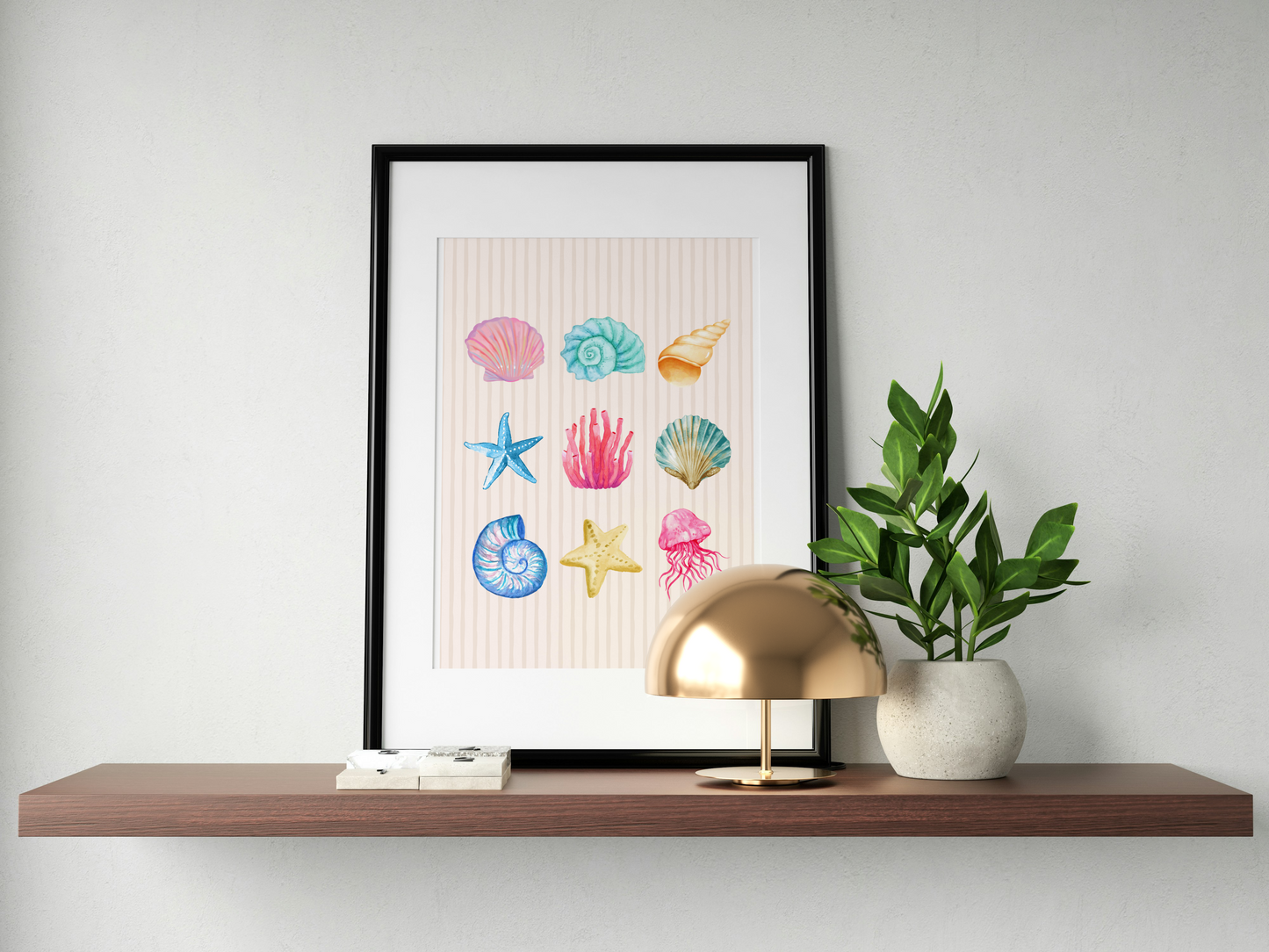 Pastel Watercolour Seashell & Coral Art Print in Beige
