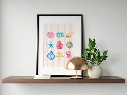 Pastel Watercolour Seashell & Coral Art Print in Beige