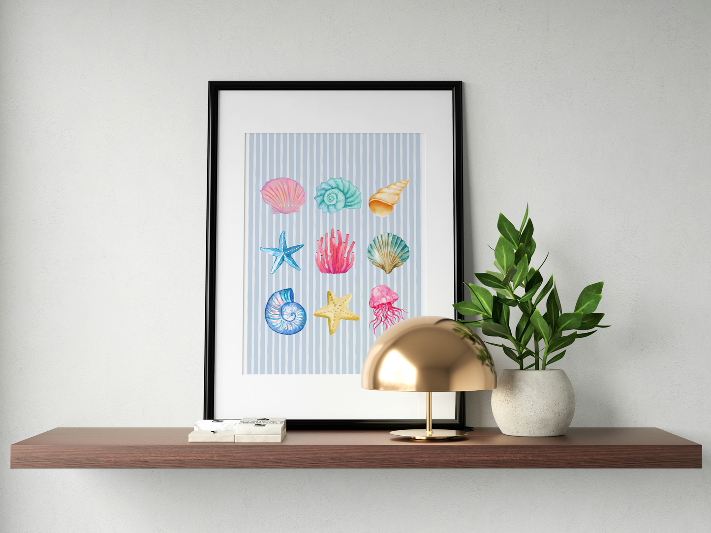 Pastel Watercolour Seashell & Coral Art Print in Blue