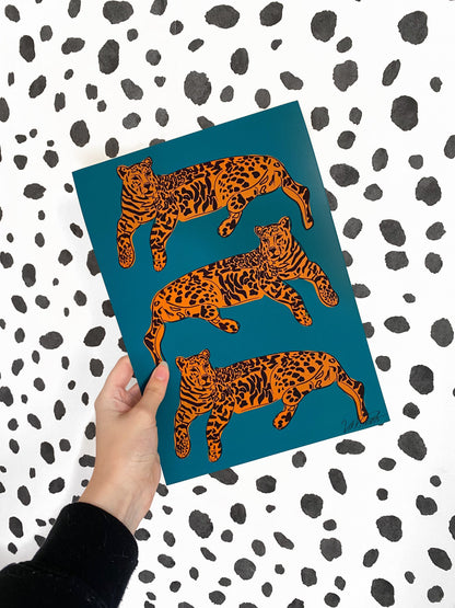 Teal Leopard Trio Art Print